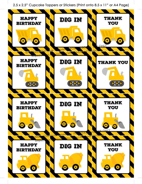 cupcake topper party printable construction thank you hang