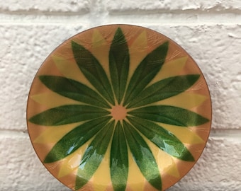 Vintage Annemarie Davidson Green & Yellow Flower Enamel Copper Dish (California)