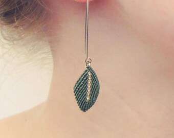 Stainless steel, and khaki macrame Flower Earrings