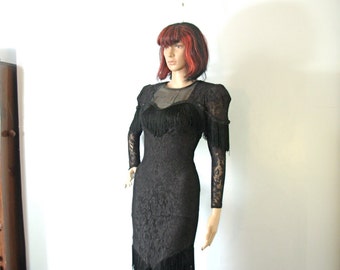 Vintage 80's black lace dress with fringe, shoulder pads, size small