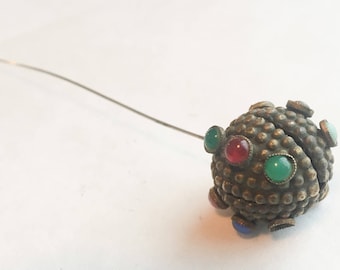 Victorian Hatpin with Textured Brass Globe and Czech Glass