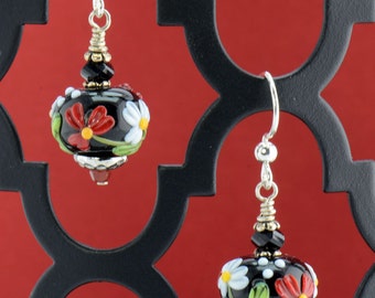 Black Red Green White Silver Lampwork Earrings - E2505 - Free Shipping