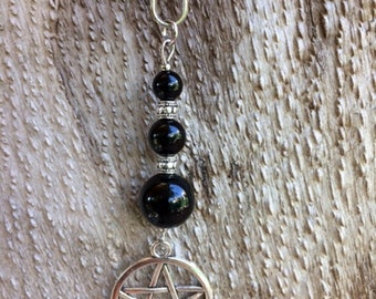 Onyx Pentagram Key fob Protection Wicca healing Stone Magic