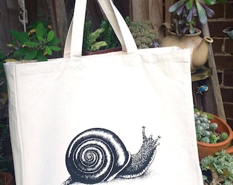 Hand Screen Printed Snail Design Cotton Canvas Tote Bag Shoulder Bag Beach Bag Grocery Bag Natural Reusable