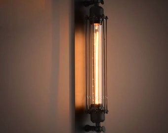 Tall Industrial wall sconce with cage