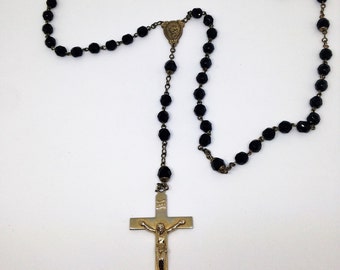 Vintage Black Beaded Rosary, Crucifix Rosary, Hexagon Beaded Rosary, Prayer Beads, Rosary Beads, Church Beads