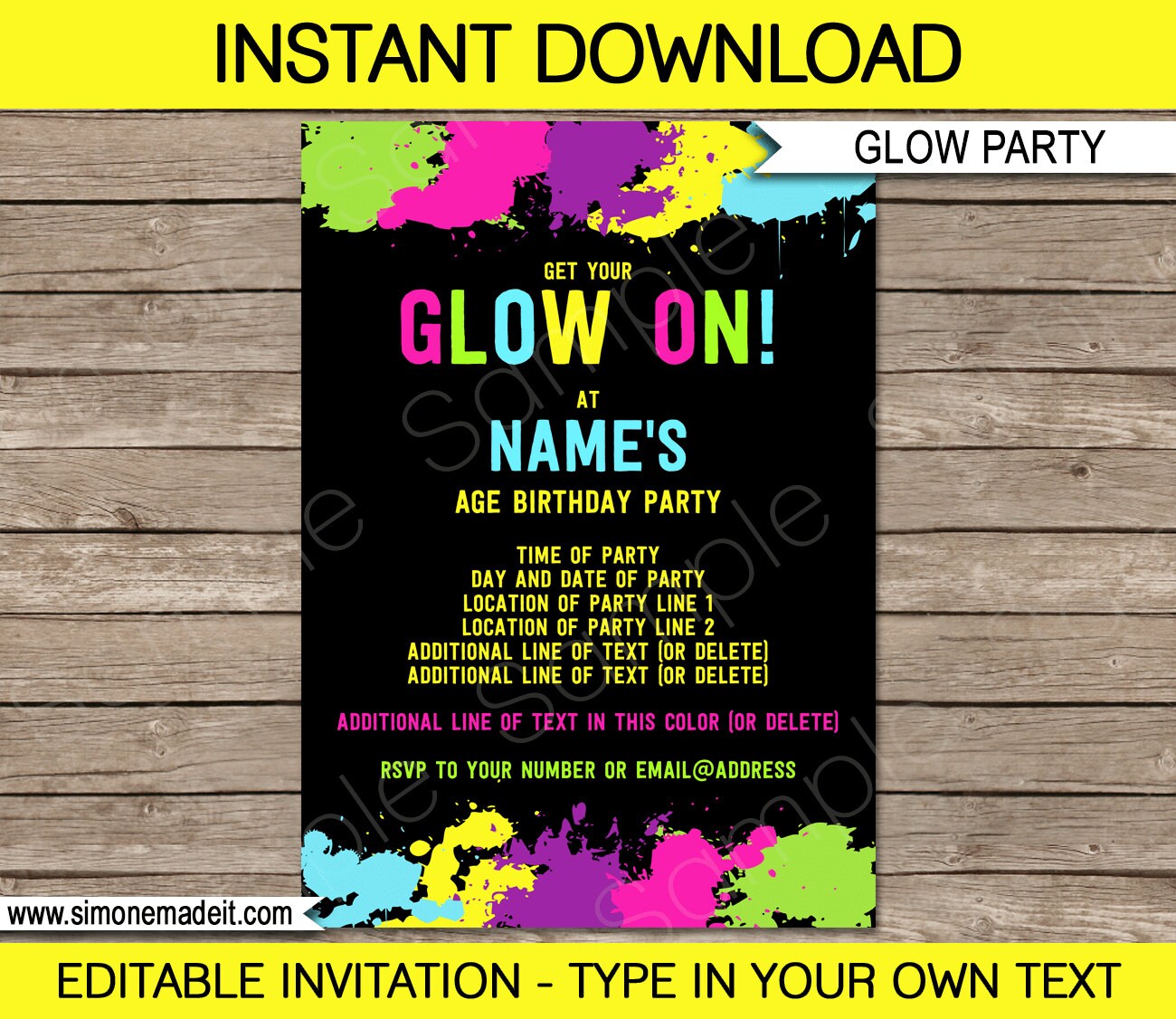 Glow Party Invitation Template Neon Glow Theme Birthday
