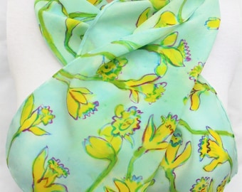 silk scarf long crepe Fresh Daffodils hand painted green yellow blue wearable art women spring unique