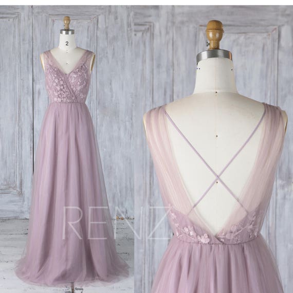 Bridesmaid Dress Dark Mauve Tulle V Neck Illusion Lace Wedding