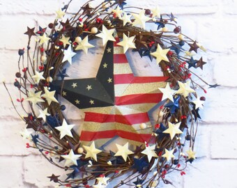 Patriotic Wreath, 4th of July Wreath, Memorial Day Wreath, Patriotic Wreath with Stars, Veterans Day Wreath, Americana Decor