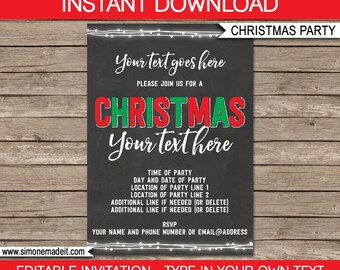 Christmas Party Invitation - Chalkboard Invitation - Invitation Template - INSTANT DOWNLOAD with EDITABLE text - you personalize at home