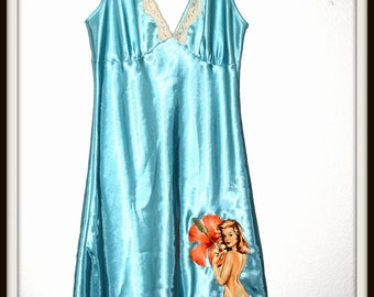 Rockabilly Pin up Girl Full Slip Blue Lingerie Nighty ....Size M/L