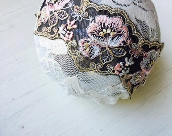 Elsie - Black Lace - Blush Pink Cream Lace Headband - Vintage Flowers - Girls Newborns Baby Infant Adults