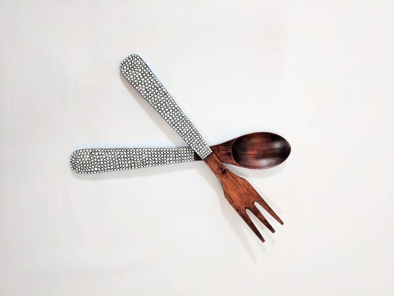 Hand Painted Wooden Serving set: Blue black and white Wooden serving set wooden spoon and fork Salad servers