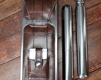 Brown Leather Cigar Case with Stainless Steel Tube and Flask - Personalized Groomsmen Gift for Men, Birthday Gift, Gifts For Him