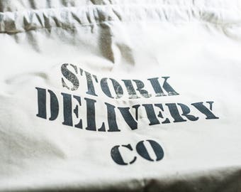 Baby Shower "Stork Delivery Co" - 22x24 INCH Drawstring 8 OZ Cotton Canvas Drawstring Bag w Burlap Ribbon