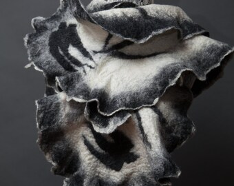 Felted Scarf:"Black Bird" (Felted scarf,ruffles, merino wool, silk, wrap shawl, felted art, handmade, Made to order)