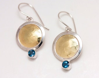 18 Karat Gold and Sterling Silver Bimetal Earrings with London Blue Topaz