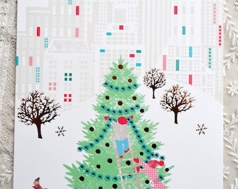 Hallmark Christmas Card - Decorating Tree in City Park - Unused