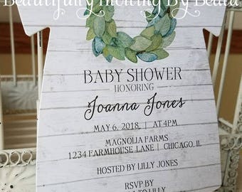 The Original Farmhouse Magnolia Rustic Baby Shower Invitation - Shiplap Baby Shower - Custom Baby One Piece Die Cut Invitation