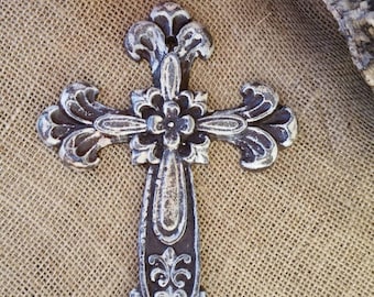 wall cross, iron wall cross, ornate cross, floral cross, shabby chic cross, rustic cross, cross wall decor, painted cross, religious decor