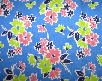 Vintage Feedsack Flour Sack Fabric Blue Pink Lime Floral 1930's 1940's 1950's Quilt Fat Quarter Cotton Patchwork