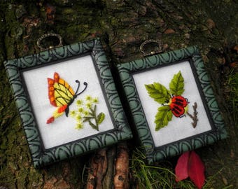 Woodland Insects & Flowers Embroidered Wall Art Set, Vintage Bohemian Crewel Embroidery - Retro Nature Floral Garden Home Decor Holiday Gift