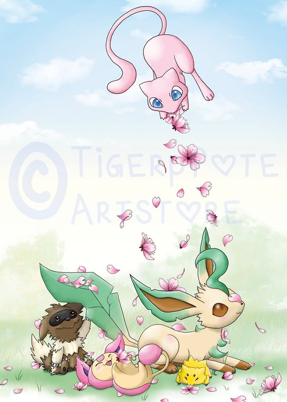 Postcard Spring Time with Mew Leafeon Zigzagoon