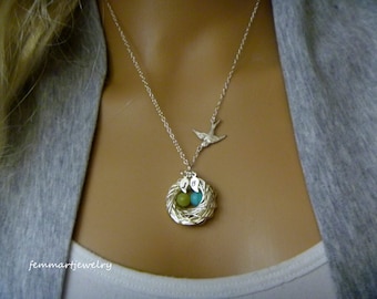 Bird Nest Necklace - Birth stone necklace - Family of Birds - Mother's Day Gift - Mother of the Bride - Mommy Necklace - femmart