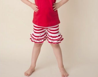 Girls red and white striped ruffle shorts