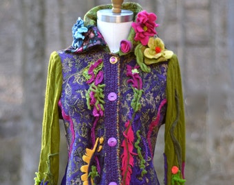 Floral tapestry COAT, boho Fantasy Art to wear, OOAK refashioned clothing, festival goddess Coat, Woodland MORI girl. Size L. Ready to ship