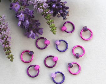 Stitch markers - fabric & notions, PURPLE FLOWERS, knitting supplies, knitting markers, snag free, knitting accessory, knitting gift