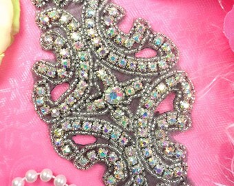 XR25 Aurora Borealis Black Backing AB Rhinestone Applique Silver Beaded 6" (XR25-bkab)