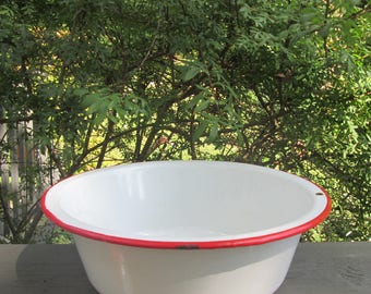 Vintage Enamelware Bowl/ Basin- Red and White Enamelware - Country Kitchen Decor