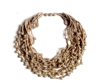 Pearl necklace Pearl Statement Long necklace Long beaded necklace Multi strand Bead crochet Crocheted necklace with beads Knitted necklace