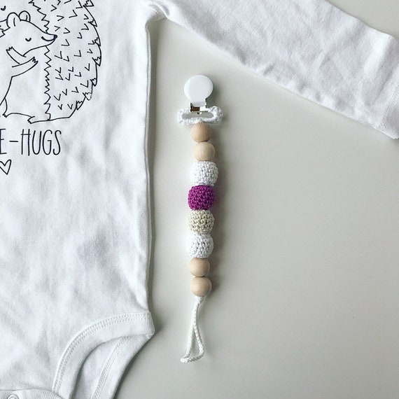 Lilac Clip - Crocheted Beads Pacifier Clip -- Eco-friendly pacifier clip -- crocheted wooden beads -- Baby Teether