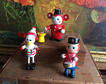 Wood Ornaments Set of 3 Vintage Christmas Tree Holiday Decor