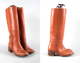 Vintage 1970s Boots | 70s Brown Leather Woven Stacked Leather Riding Boots Block Heel Knee High Campus Boots (womens 8)