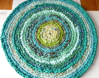 Crochet Rag Rug 36" Round Cotton Rug Green Turquoise Ready To Ship