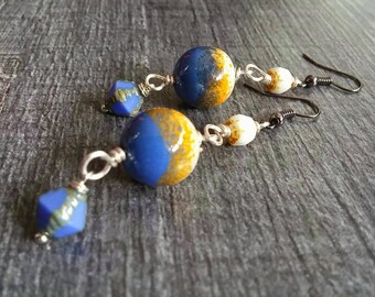 Dangle Silver earrings, enamel, Lampwork bead beads.