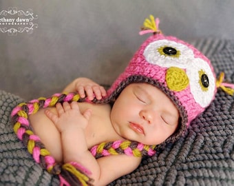 Crochet Owl Beanie with Braids