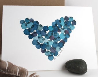 Heart of Blueberries - Original Watercolor Illustration - Note card - Blank - Home Decor