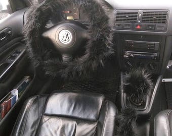 Steering Wheel Cover Black Fuzzy Car Set 3 Pcs Accessories