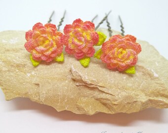 Crochet flower hairpins, Flower bobby pins, Delicate hair flower, Blossom hairpins, Flower girl hairpin, Prom hair accessory
