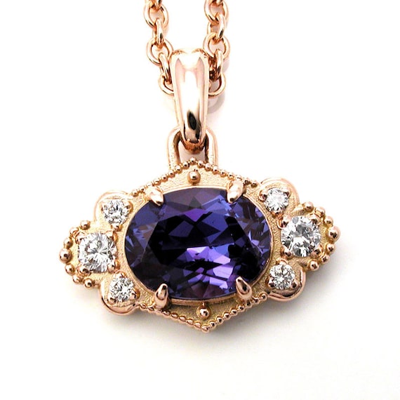 Chatham Alexandrite Pendant with Diamonds - Rose Gold - Color Change Alexandrite - Ready to Ship