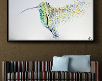Canvas Painting Humming Bird 55" Original oil painting on canvas, Clean Modern looks,Beautiful refreshing colors,express ship, koby feldmos