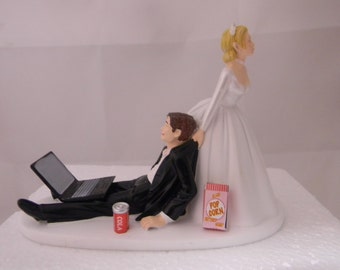 Wedding Reception Laptop Computer Nerd Geek Popcorn & Can of Cola Cake Topper