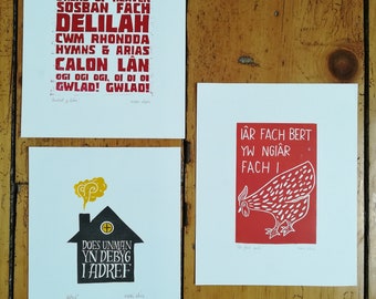 SALE - 8" x 10" original linocut prints, rugby, home, hen, music