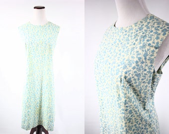 1960's Blue Floral Cotton Sleeveless Shift Dress