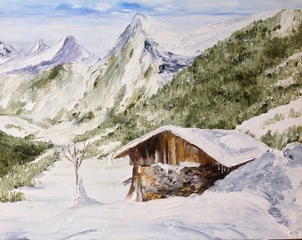 Palette knife oil painting "cabin in winter"